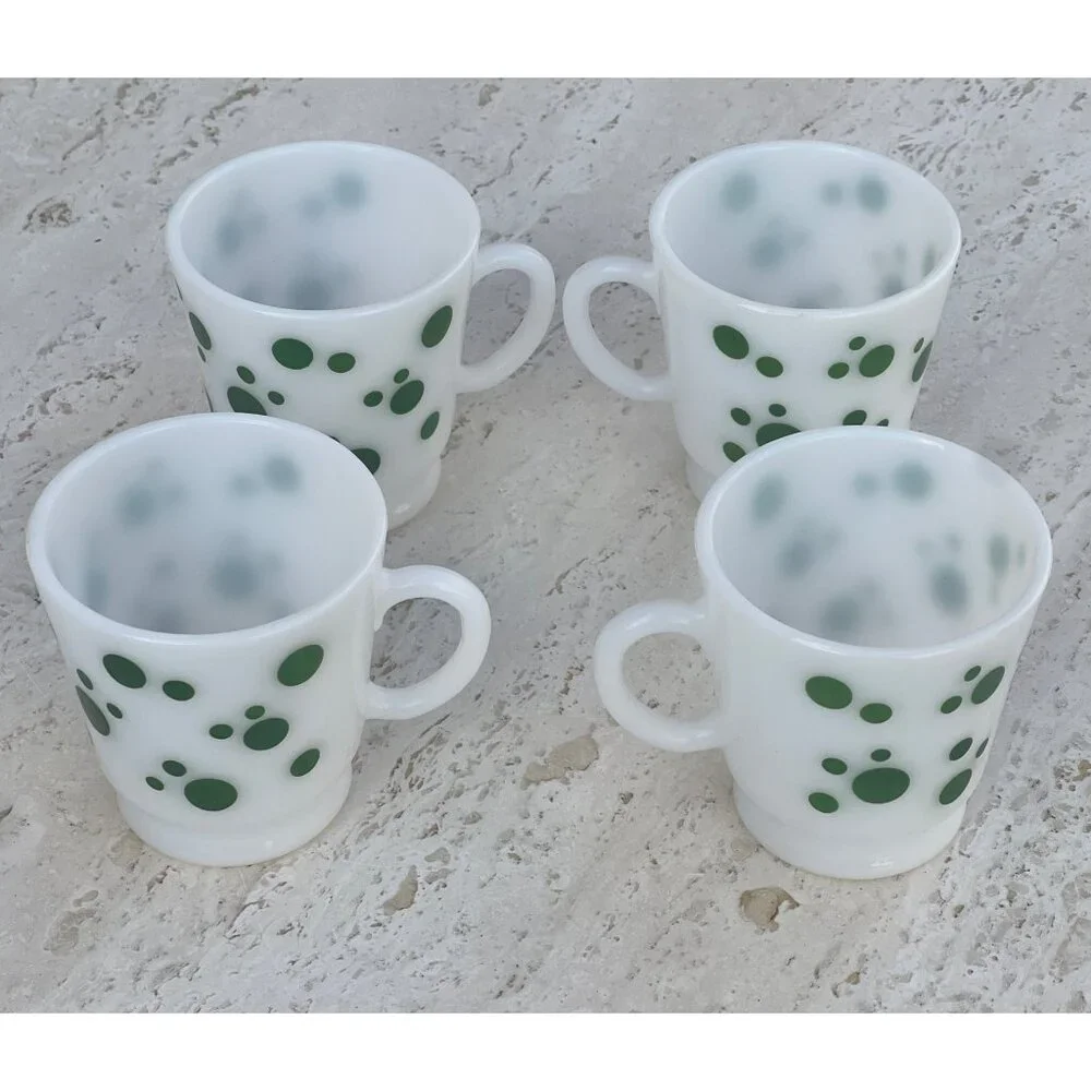Hazel Atlas Milk Glass Footed Mugs Set Of 4 Green Polka Dot MCM Logo Retro Gift
